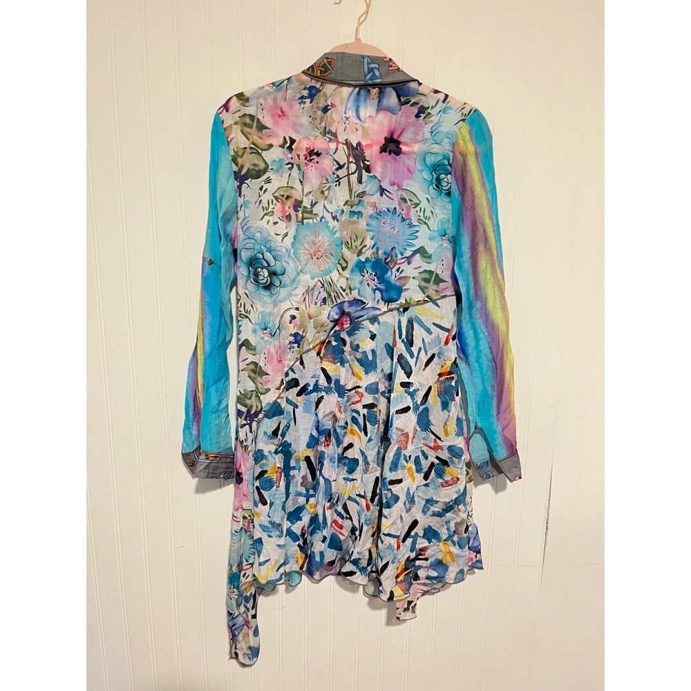 Fleur de Lis Tunic Top Womens Small Blue Floral Patchwork Art to Wear - Picture 8 of 8